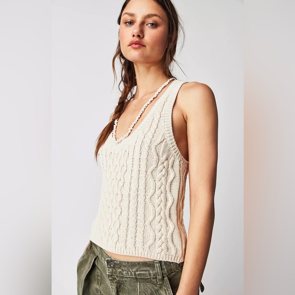 Free People Cream Cable Knit Muscle Tee - Picture 2 of 12